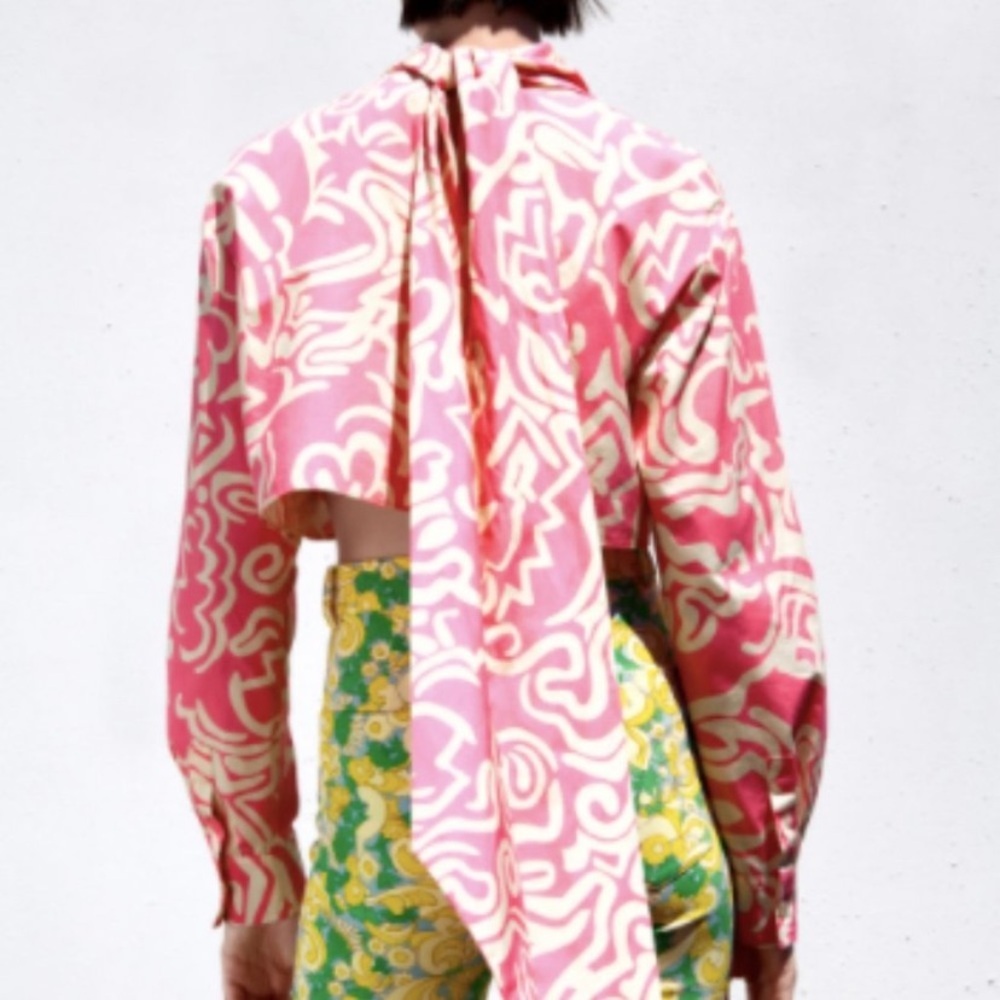 Zara Printed Crop Top with Tie Pink XS - Picture 5 of 6